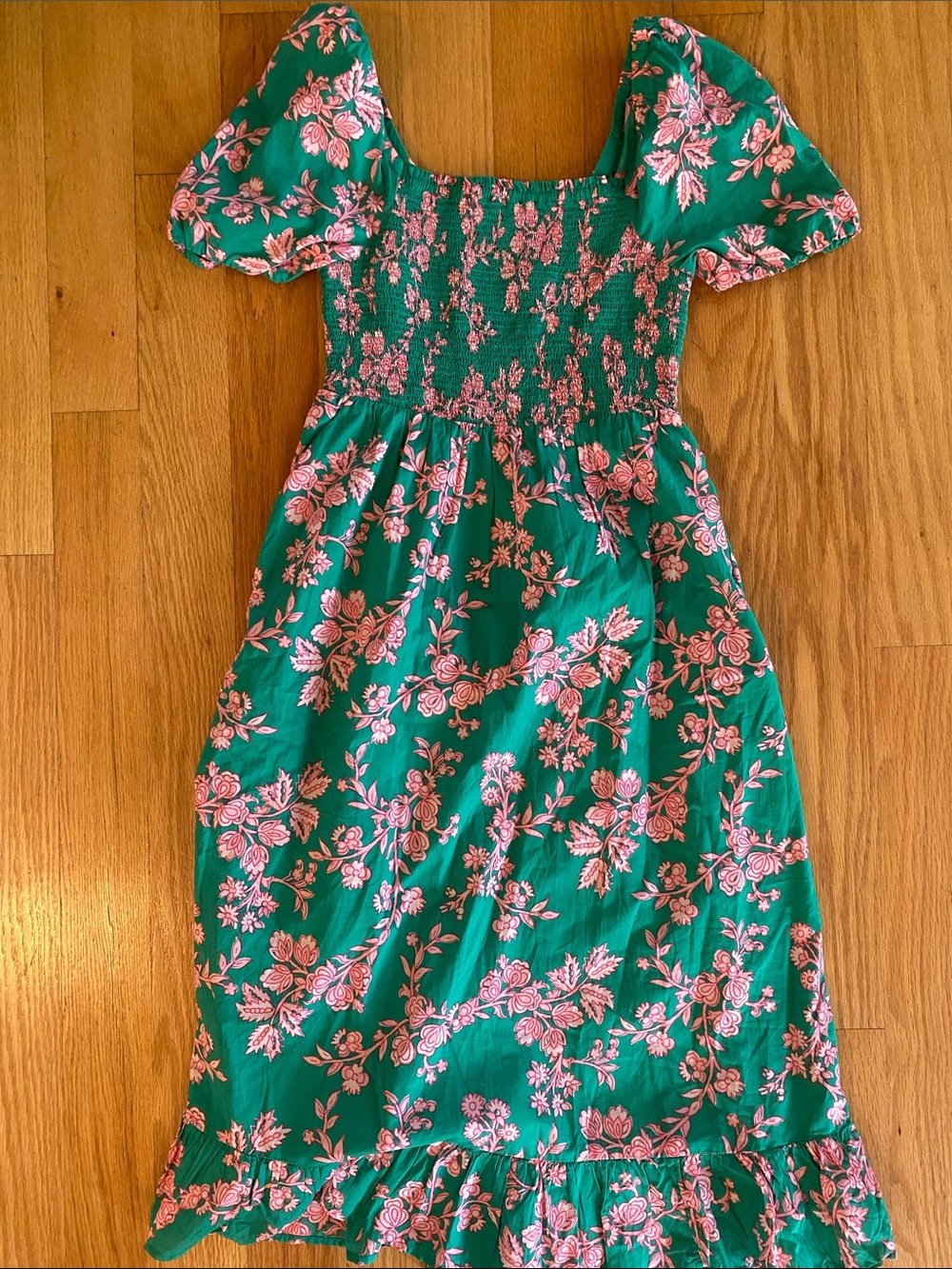 J. Crew Green Floral Smocked Midi Dress with Puff Sleeves - Picture 3 of 3